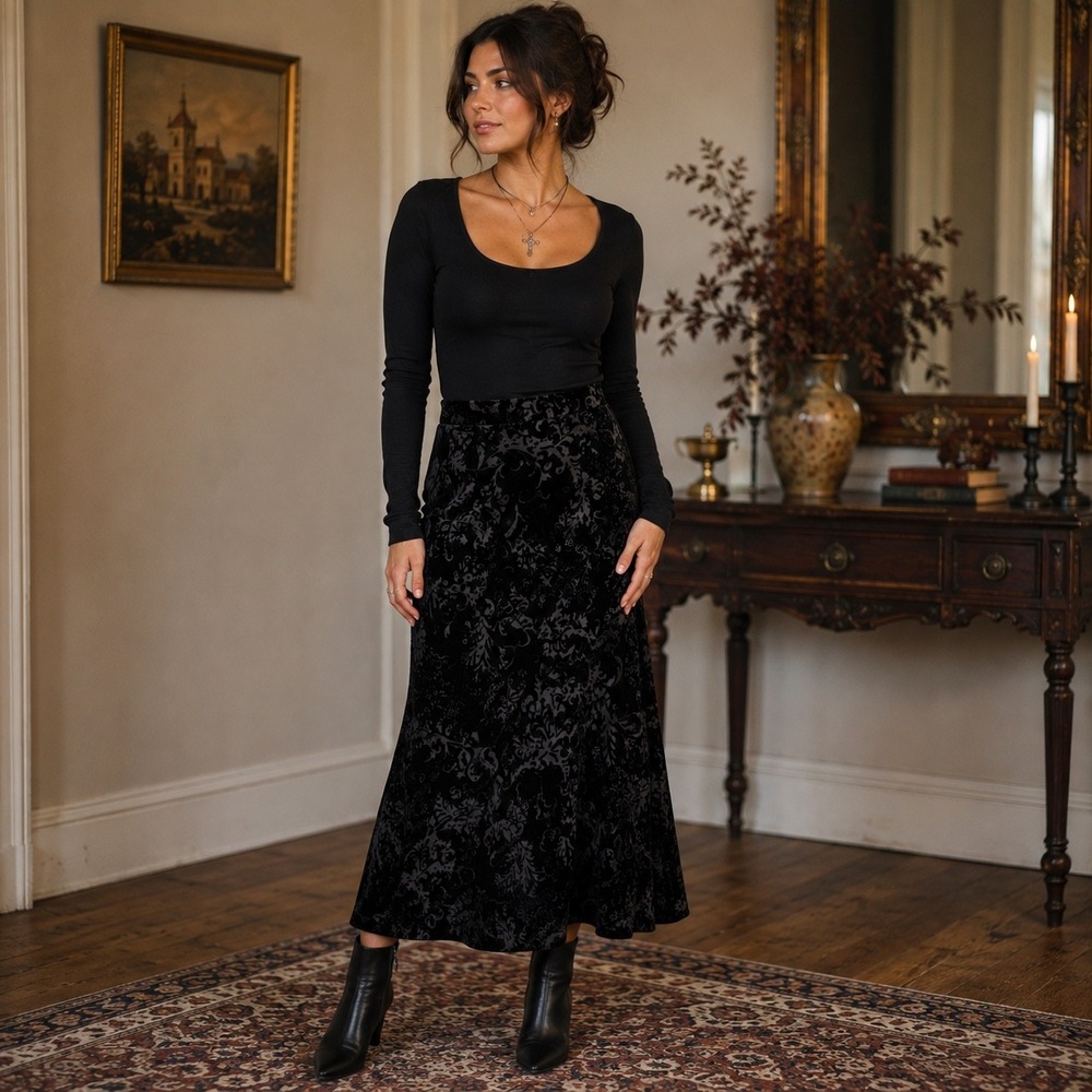Vintage 90s Lauren Ralph Lauren Black Burnout Velvet Silk Maxi Skirt Size 6